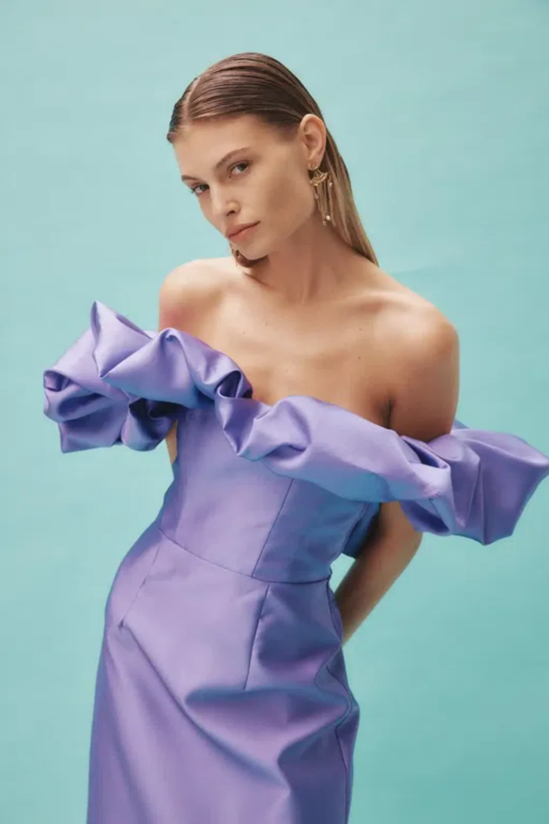 Alemais Suzi Off Shoulder Midi Dress Purple Size 6  for rent on The Volte - main image