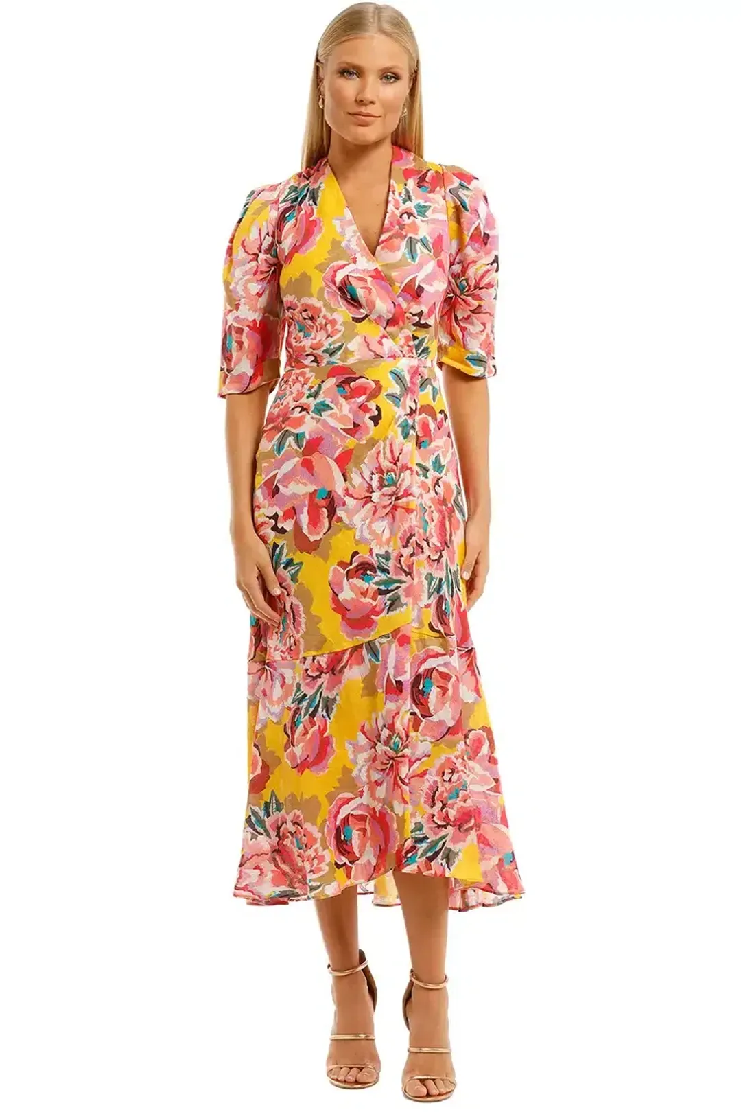 Ginger & Smart Flourish Wrap Dress in Yellow Floral Size 12 for rent on The Volte - main image
