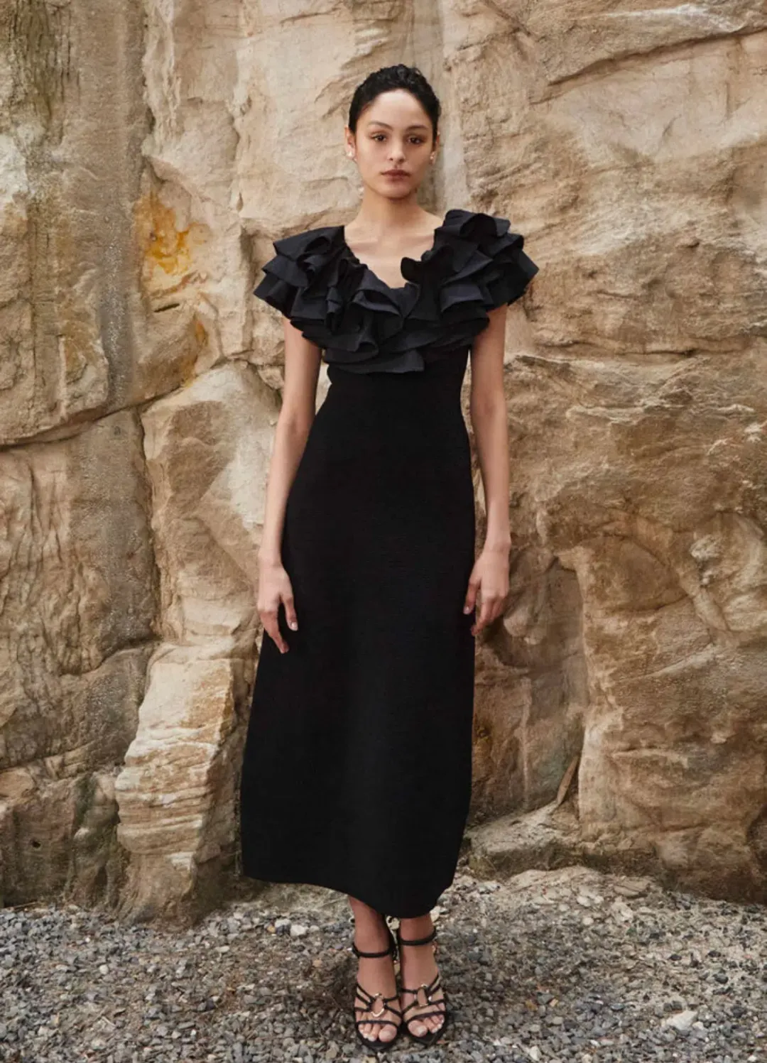 Aje Transcendent Ruffle Midi Dress Black Size 14 for rent on The Volte - main image