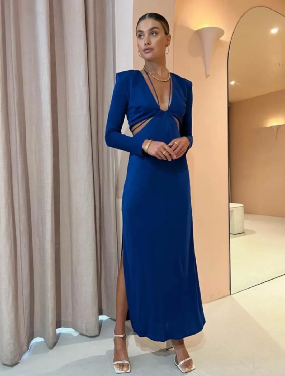 Manning Cartell Haute Pursuit Long Sleeve Cut Out Dress in Blue Size 10 for rent on The Volte - main image