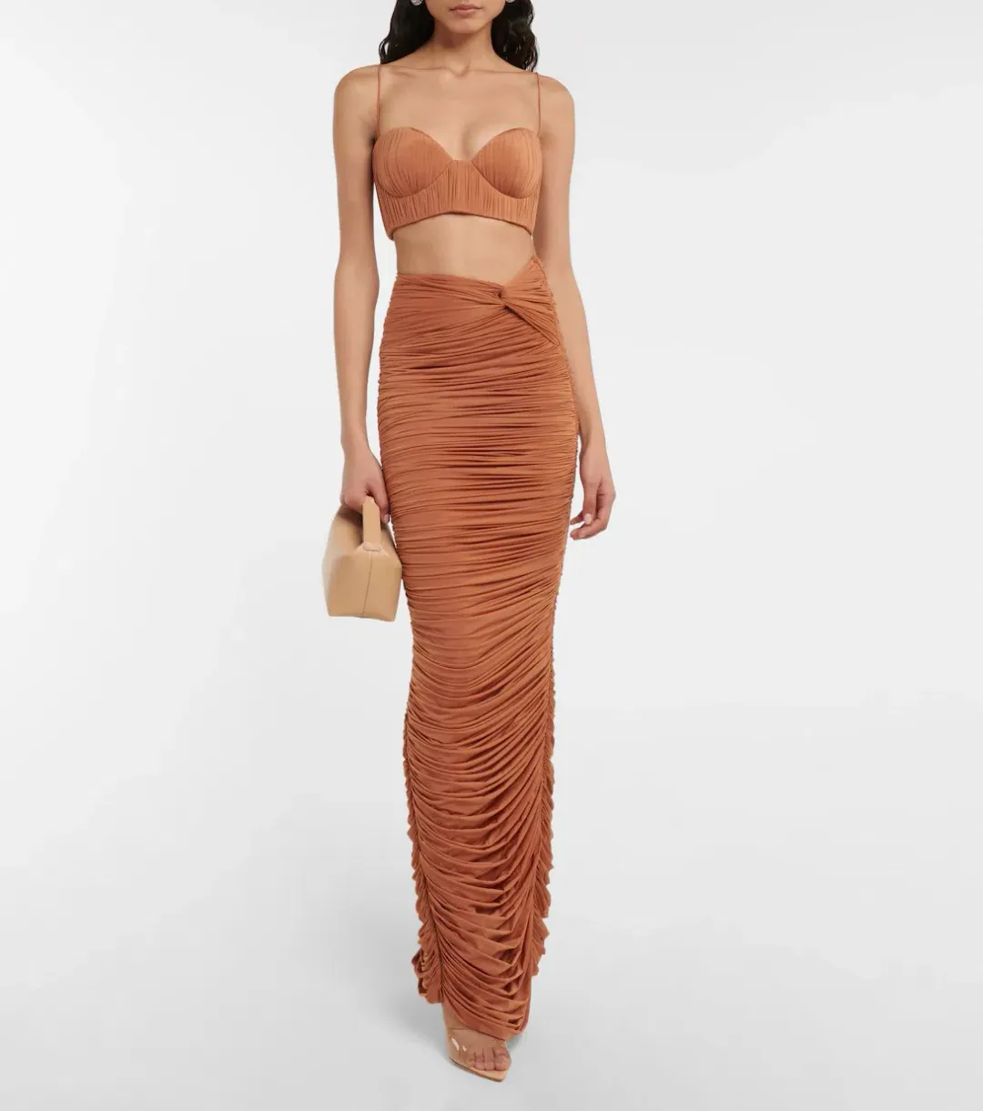 Alex Perry Hartley Ruched Maxi Skirt and Preston Bralette Set Brown Size 8 for rent on The Volte - main image