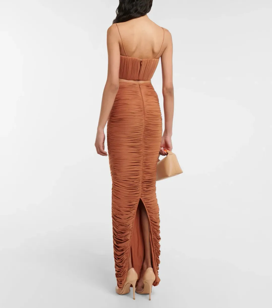 Alex Perry Hartley Ruched Maxi Skirt and Preston Bralette Set Brown Size 8 for rent on The Volte - main image