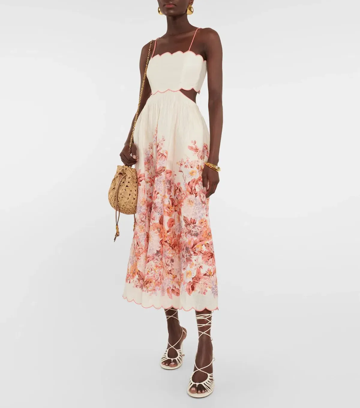 Zimmermann The Devi Scallop Midi Dress in Cream Floral Size 0 /Au 8 for rent on The Volte - main image