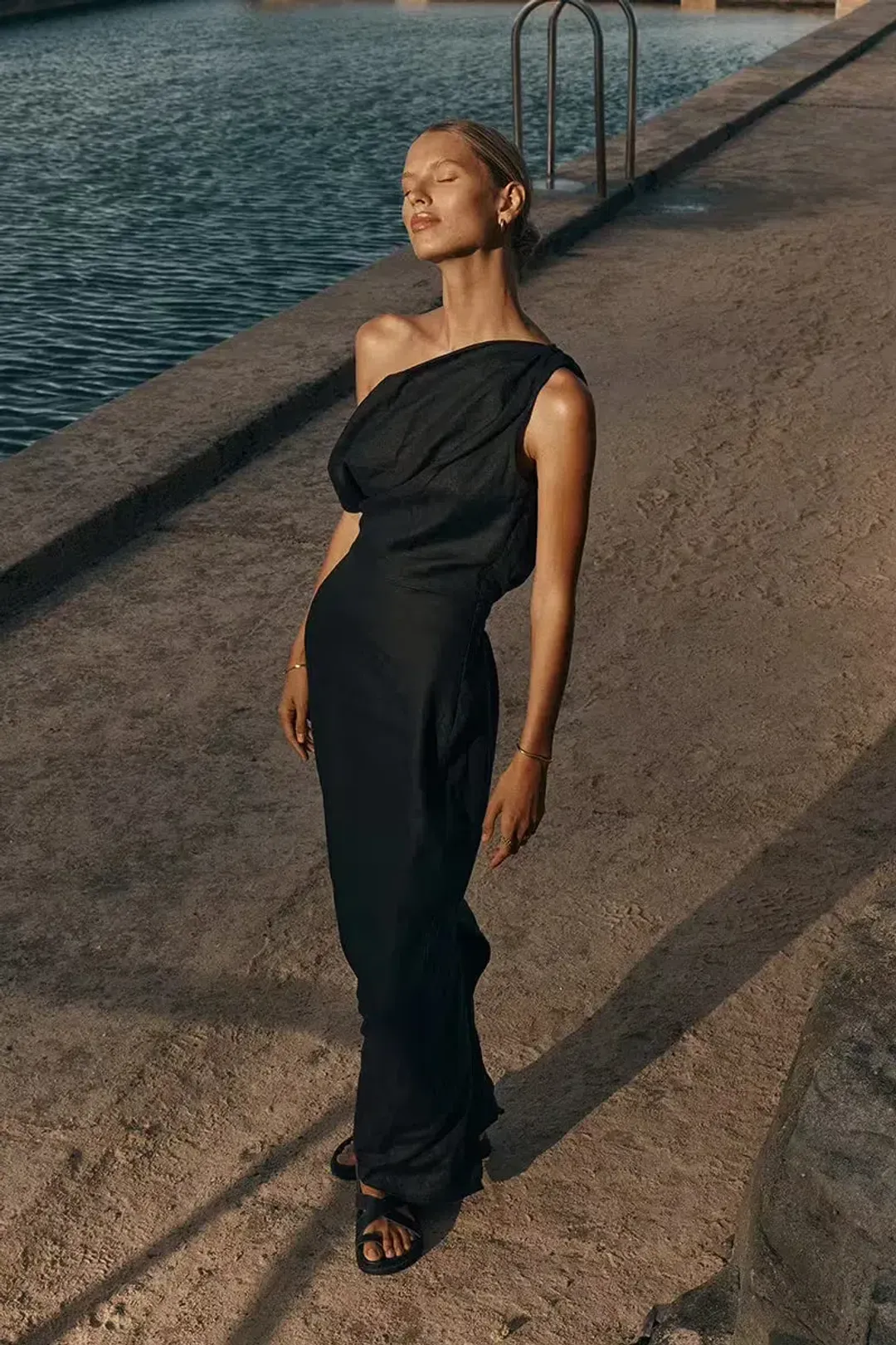 Dissh Cass Linen Asym Midi Dress Black Size AU 8 for rent on The Volte - main image