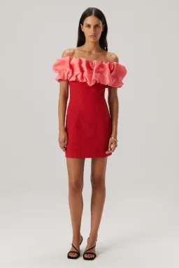 Misha Mylah Bonded Crepe Mini Dress in Watermelon Pink/Scarlett Red Size 10 for rent on The Volte - image 1