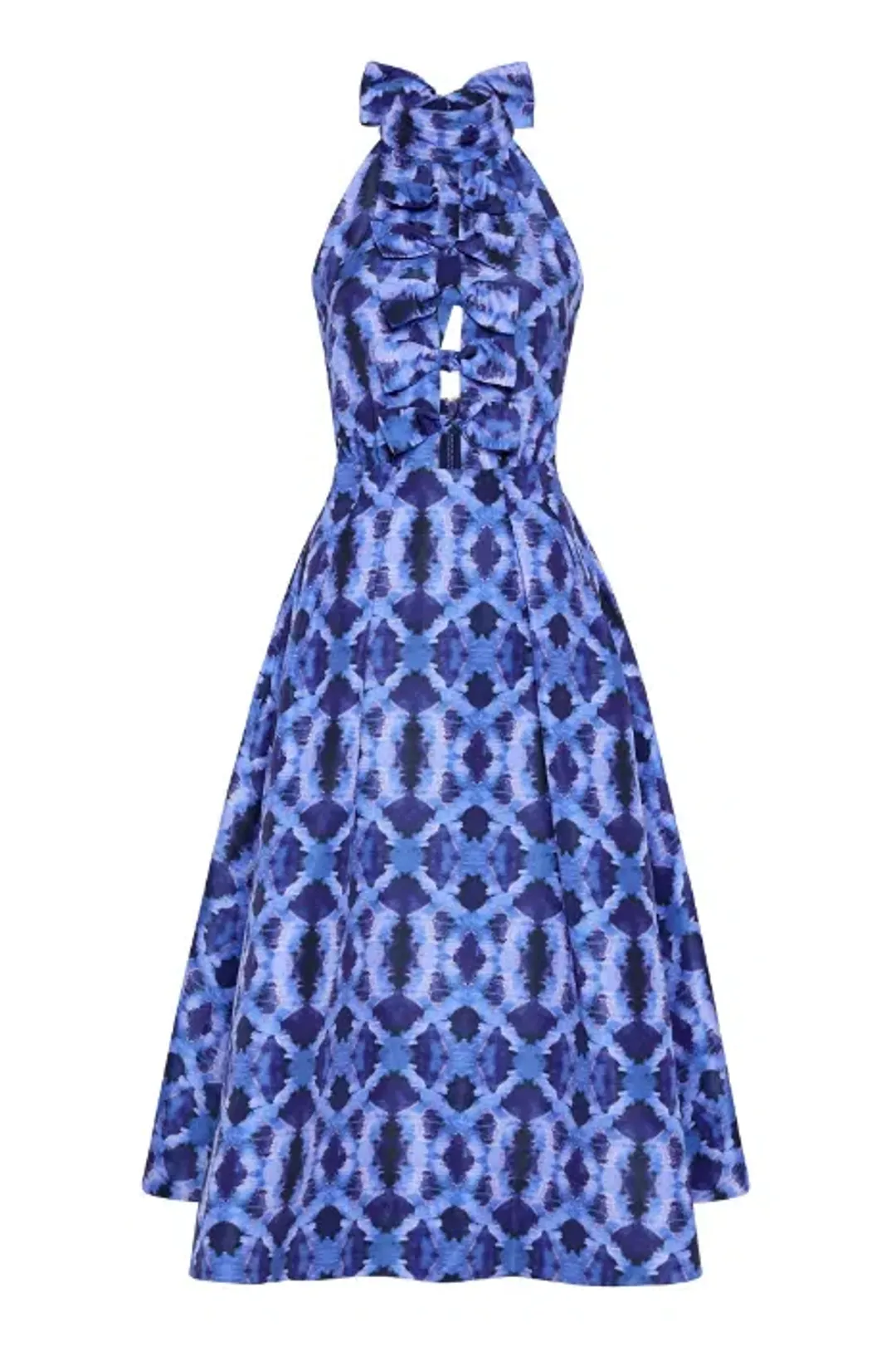 Rebecca Vallance Shiloh Halter Midi Dress Blue Print Size 14 for rent on The Volte - main image