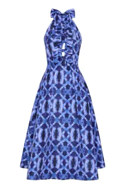 Rebecca Vallance Shiloh Halter Midi Dress Blue Print Size 14 for rent on The Volte - image 1