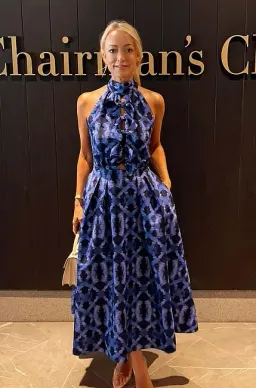 Rebecca Vallance Shiloh Halter Midi Dress Blue Print Size 14 for rent on The Volte - image 5