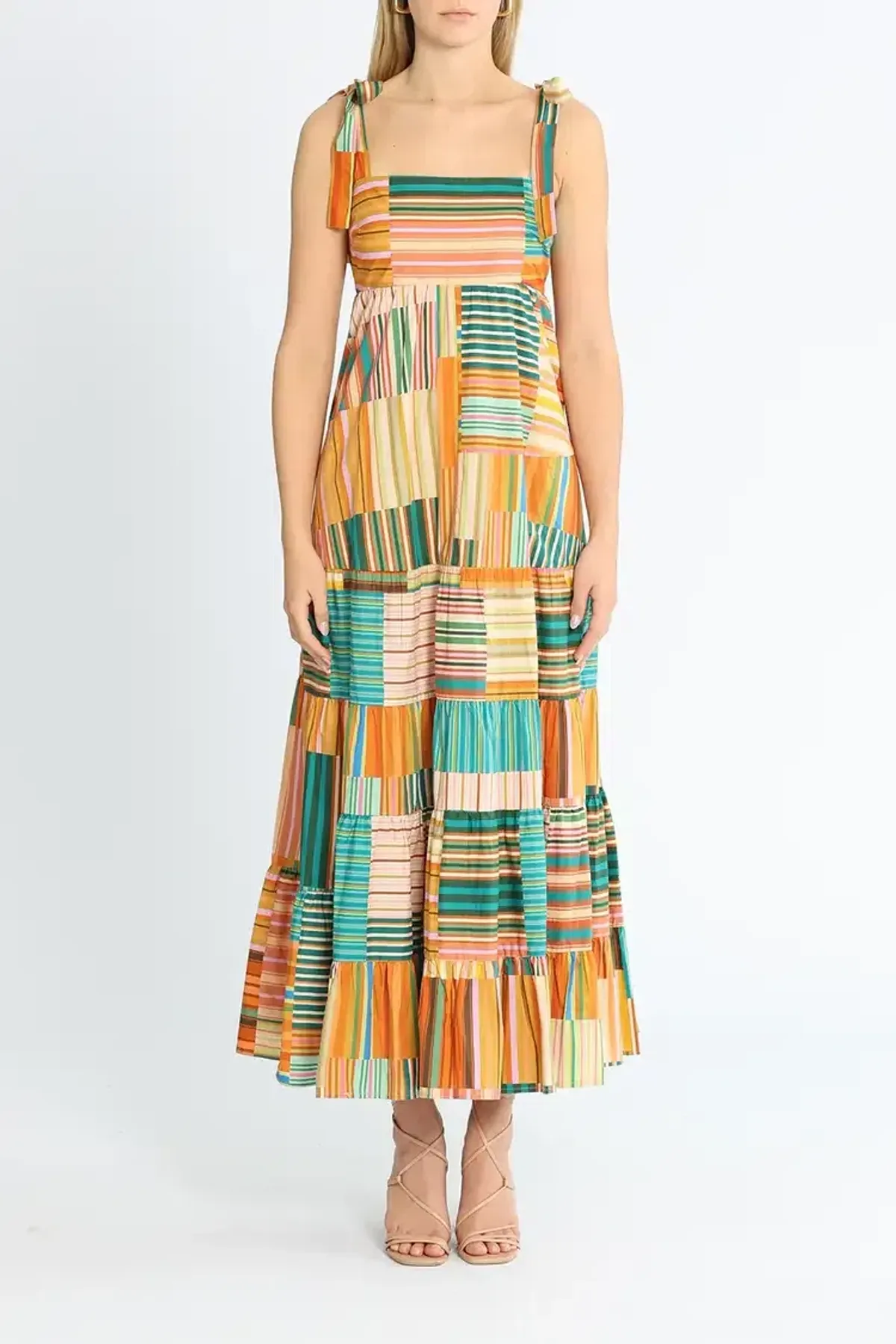 Alemais Sloane Tiered Midi Dress in Multi Stripe Size 12 - Image 1