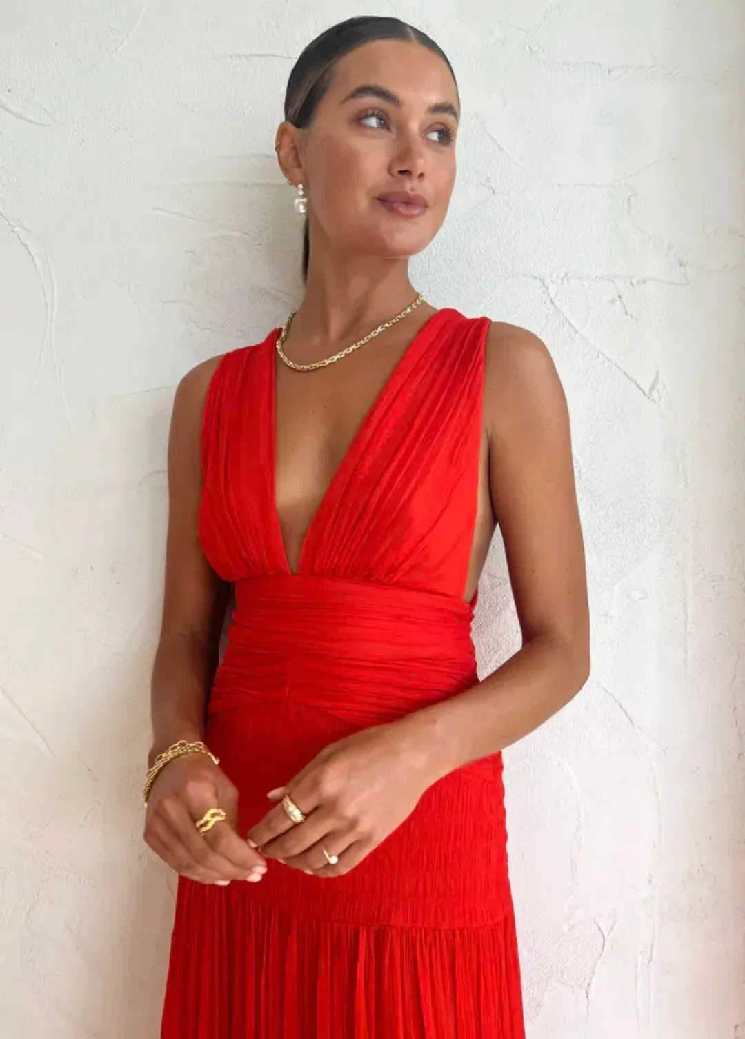 Shona Joy Leilani Midi Plunge Tie Back Dress Hibiscus Red Size 6 for rent on The Volte - main image