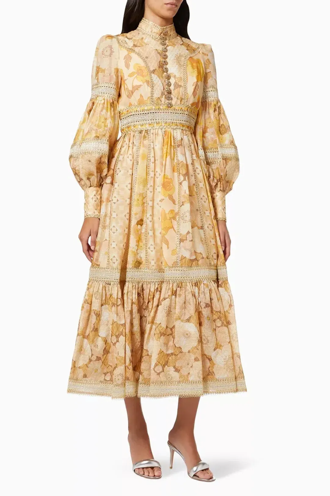 Zimmermann Tempo Spliced Trim Gown Gold Mixed Print Size 4/ AU 16 for rent on The Volte - main image