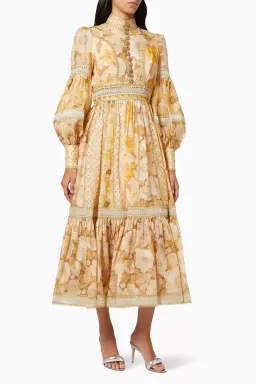 Zimmermann Tempo Spliced Trim Gown Gold Mixed Print Size 4/ AU 16 for rent on The Volte - image 1