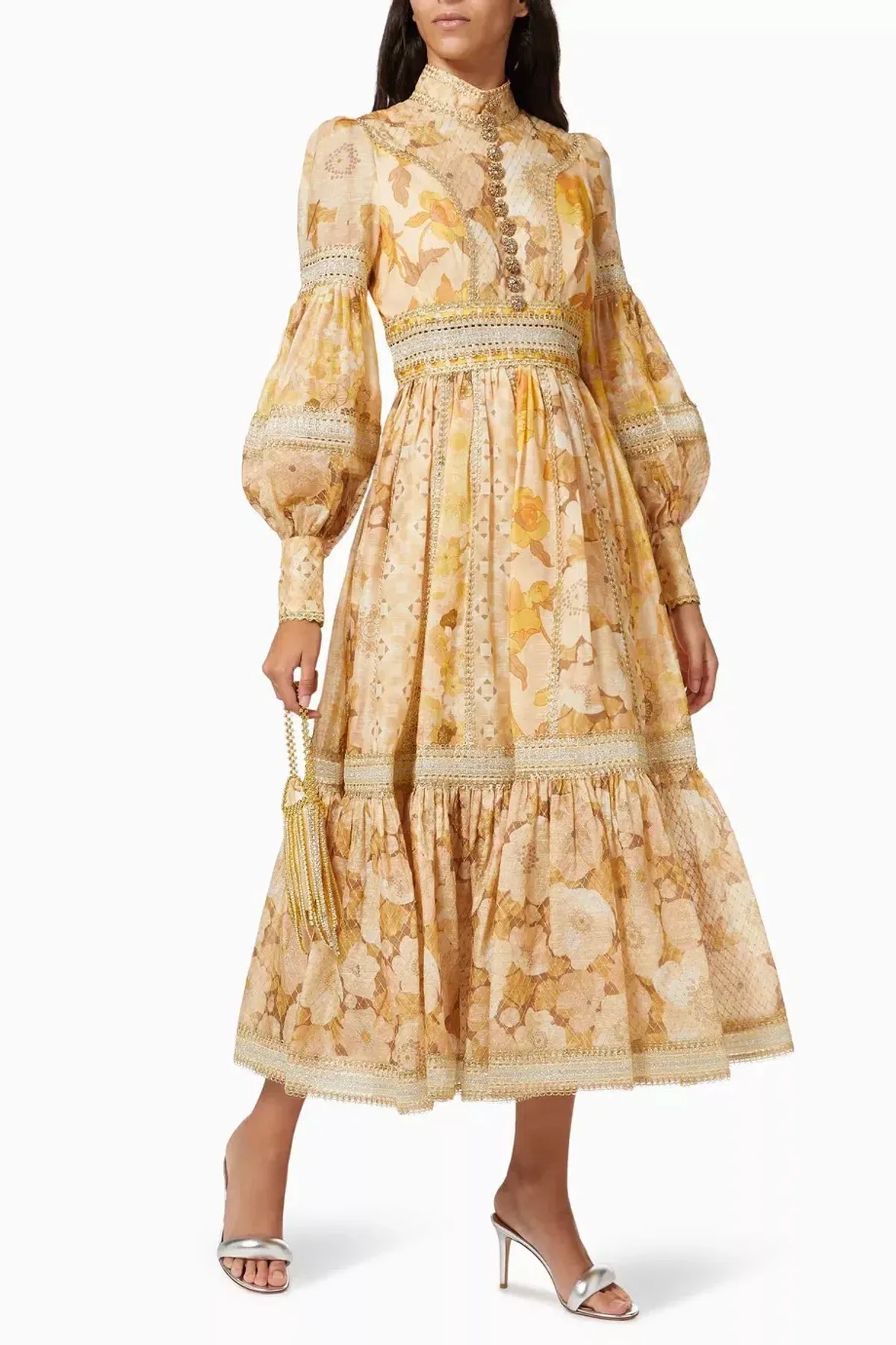 Zimmermann Tempo Spliced Trim Gown Gold Mixed Print Size 4/ AU 16 - Image 2