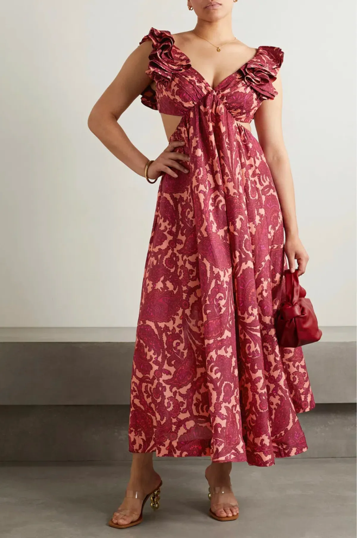 Zimmermann Tiggy Cutout Ruffled Silk Midi Dress Paisley Print 2/AU 12 - Image 1