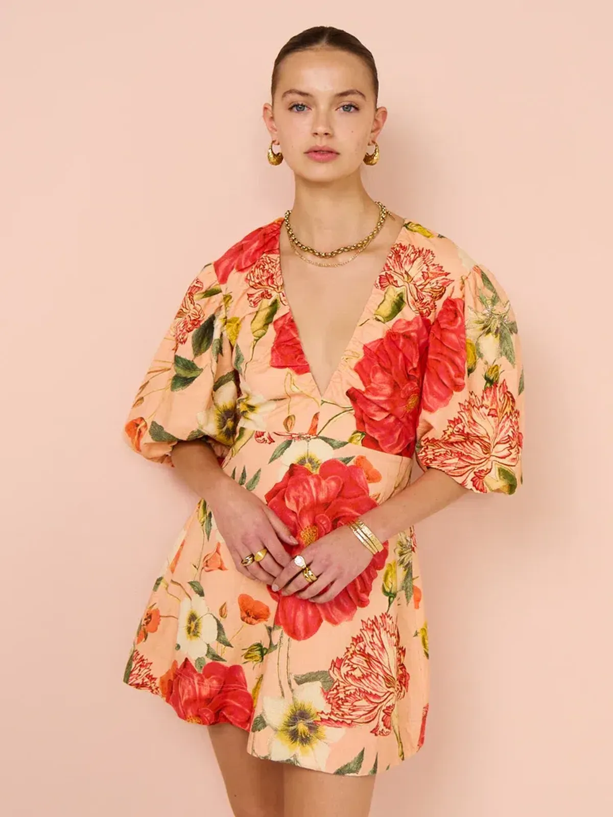 By Nicola Bolero Gathered Neckline Mini Dress In Raspberry Punch Floral Size 8 - Image 7