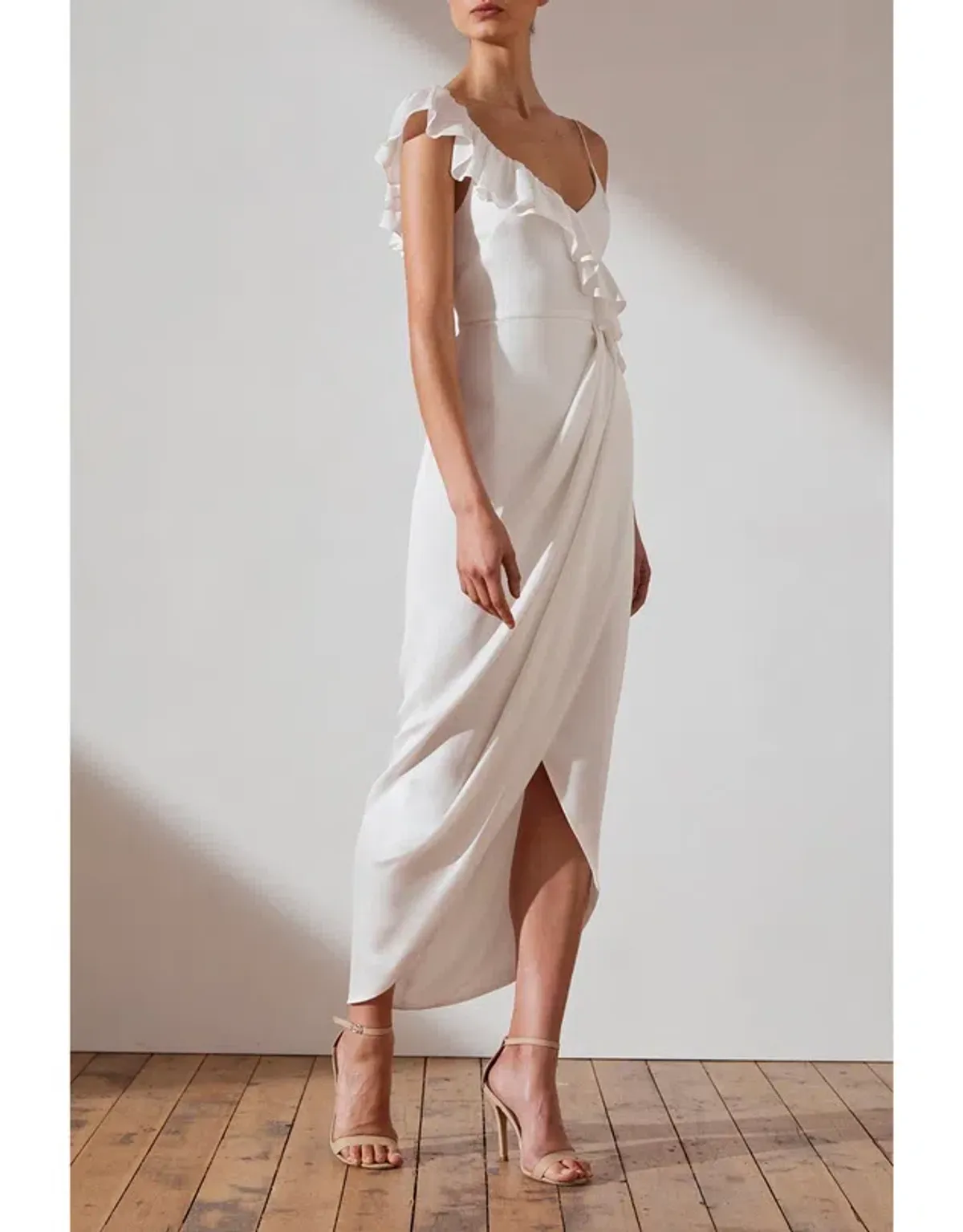 Shona Joy Asymmetrical Frill Midi Dress Ivory Size 10 - Image 1