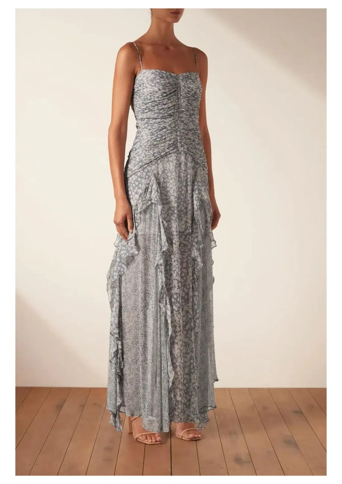 Shona Joy Candice Ruched Frill Maxi Dress Print Size 6 for rent on The Volte - main image