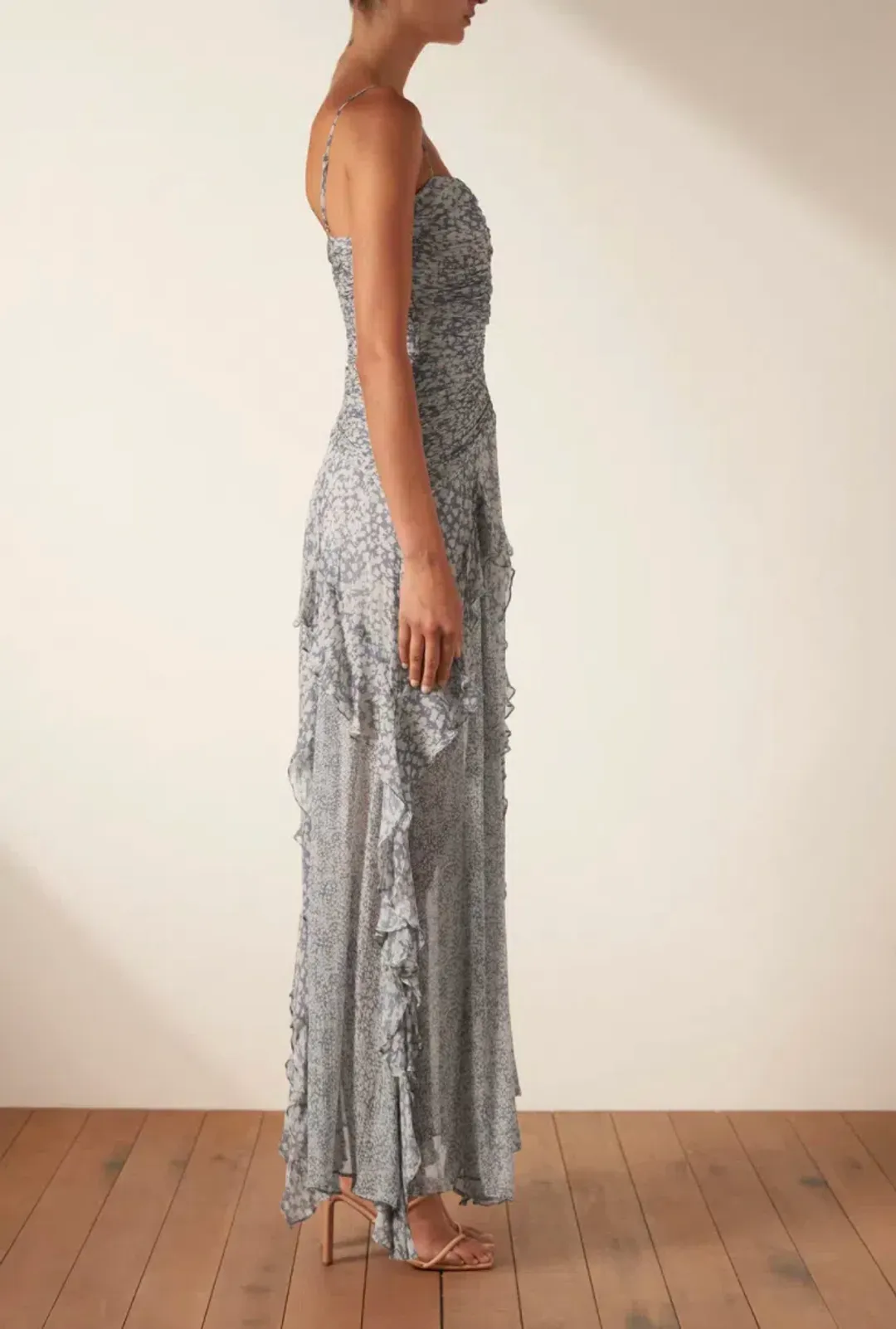 Shona Joy Candice Ruched Frill Maxi Dress Print Size 6 for rent on The Volte - main image