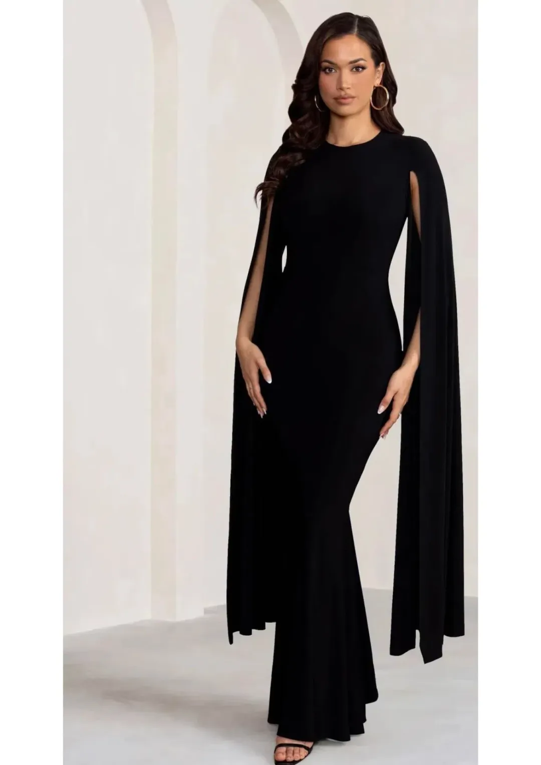 Club L London Kimmy High Neck Maxi Dress with Cape Sleeves Black Size 16 for rent on The Volte - main image