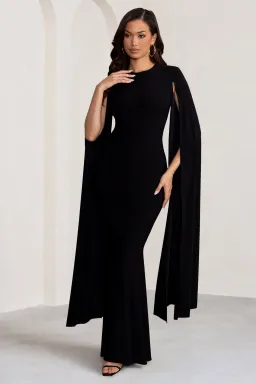 Club L London Kimmy High Neck Maxi Dress with Cape Sleeves Black Size 16 for rent on The Volte - image 1