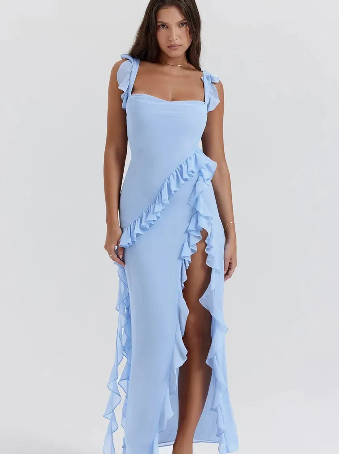 House Of CB Ariela Ruffle Maxi Dress in Soft Blue Size M / AU 10-12 for rent on The Volte - main image