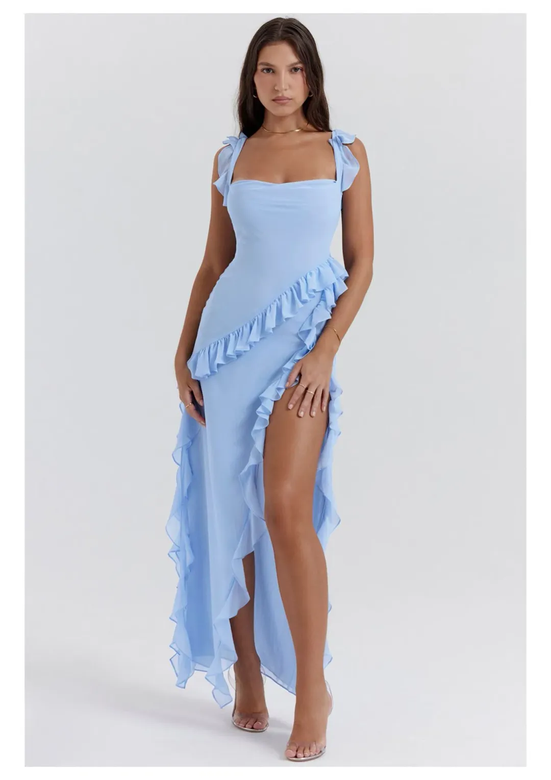 House Of CB Ariela Ruffle Maxi Dress in Soft Blue Size M / AU 10-12 for rent on The Volte - main image