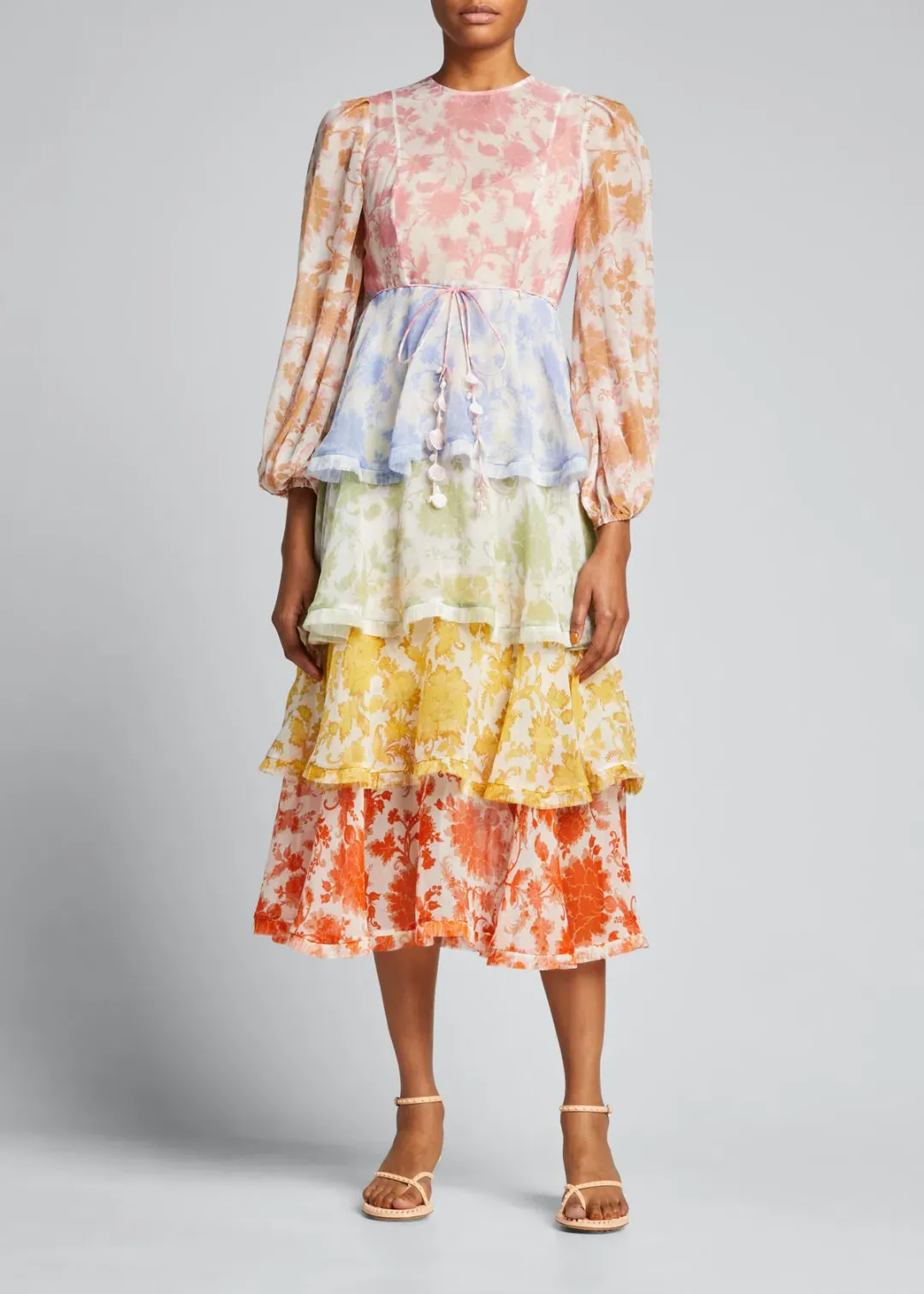 Zimmermann The Postcard Flounce Midi Dress in Spliced Tonal Floral Size 3/Au 14 for rent on The Volte - main image
