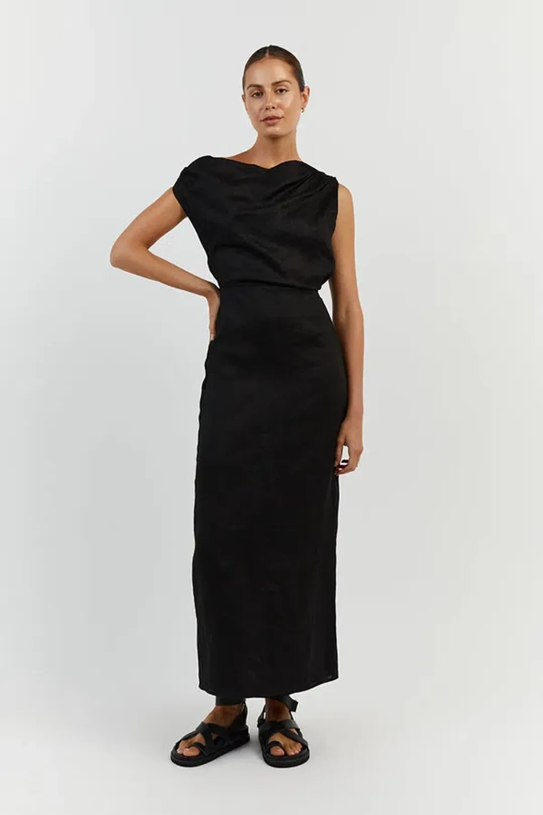 Dissh Cass Black Linen Asym Midi Dress Size 12 for rent on The Volte - main image