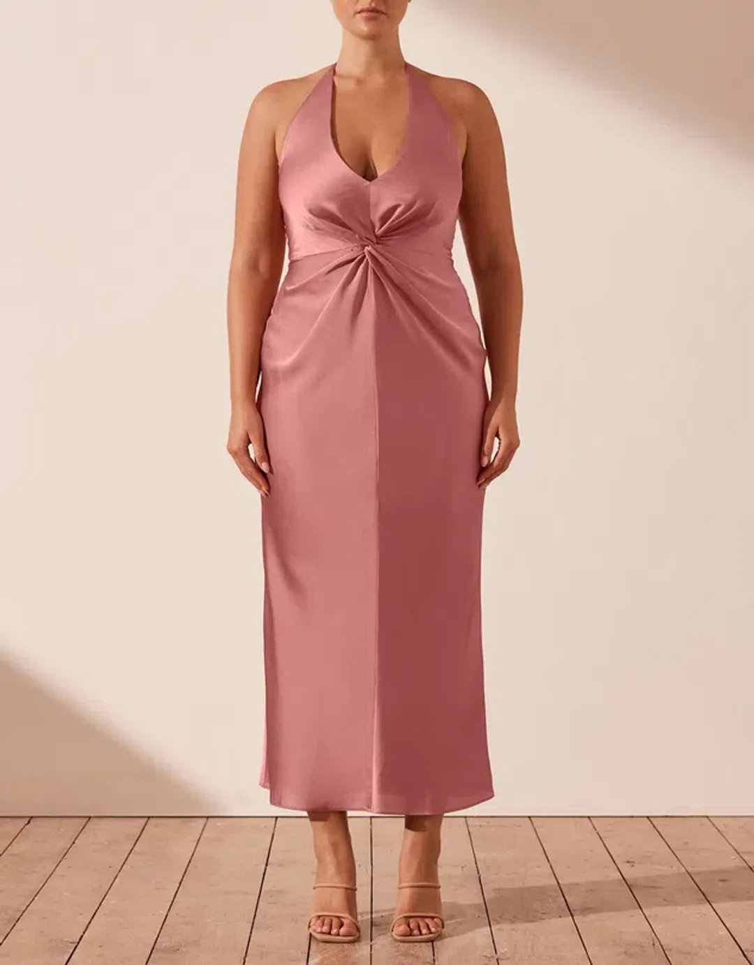 Shona Joy Luxe Twist Front Halter Midi Dress Pink Size 16 for rent on The Volte - main image