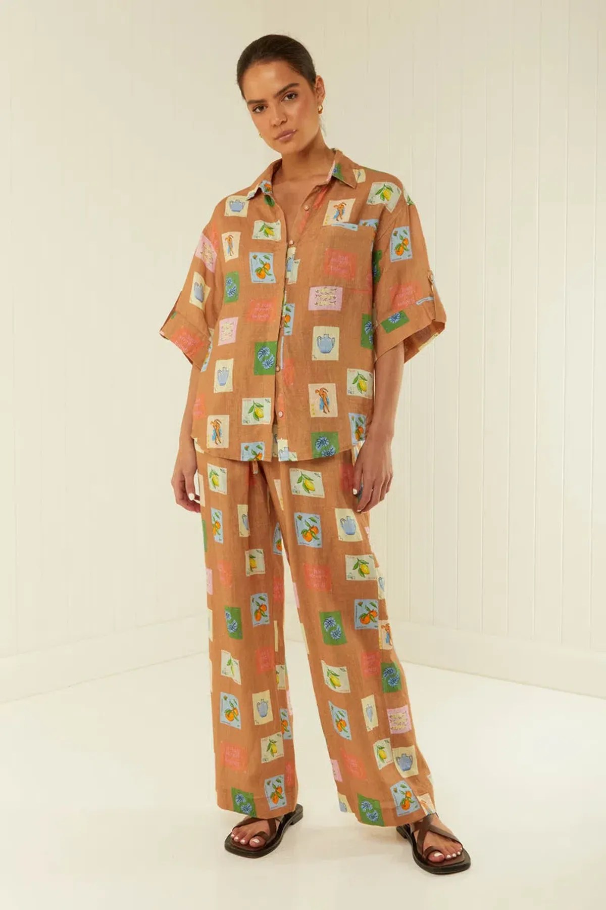 Palm Noosa Mirage Shirt and Hallie Pants Set Brown Emblem Size 8 - Image 4