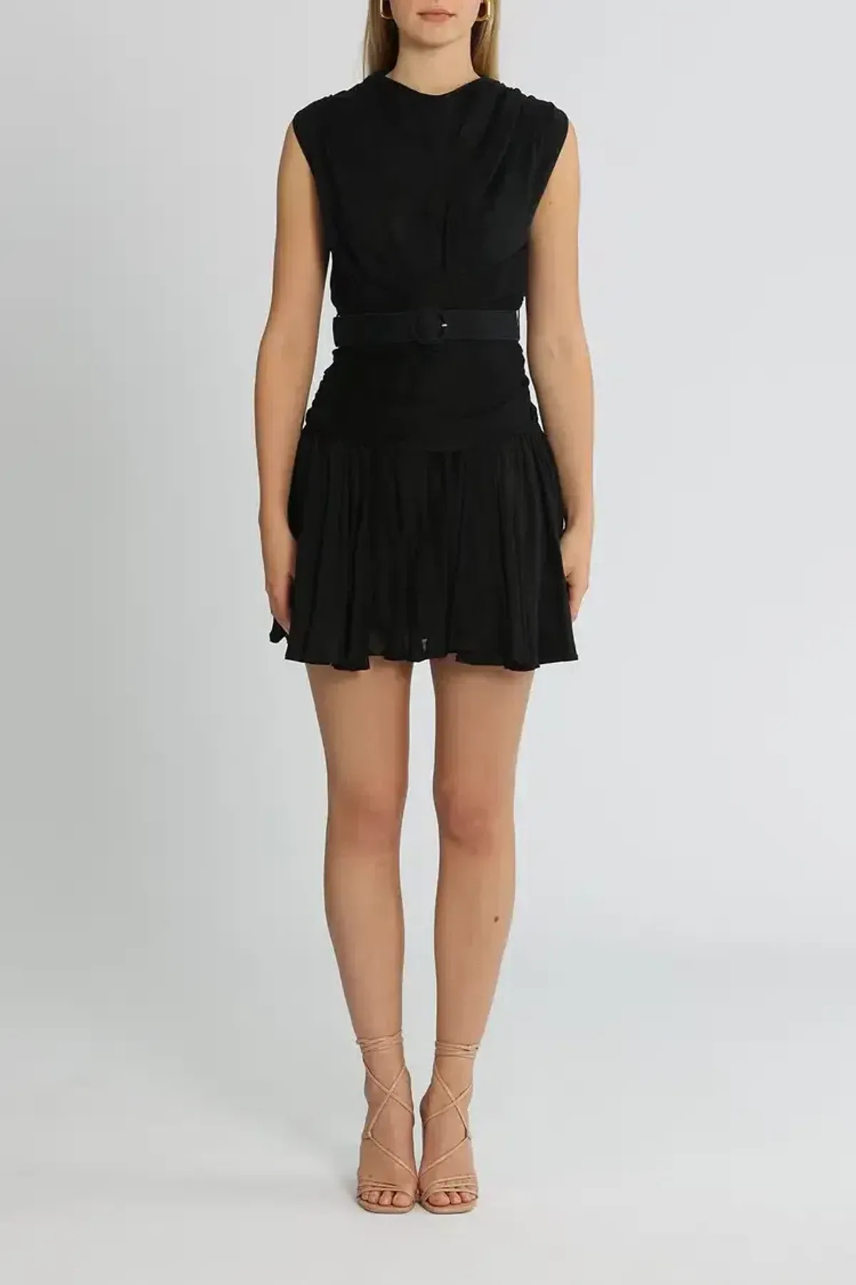 Leo Lin Vanta Draped Silk Linen Mini Dress in Black Size 10 for rent on The Volte - main image