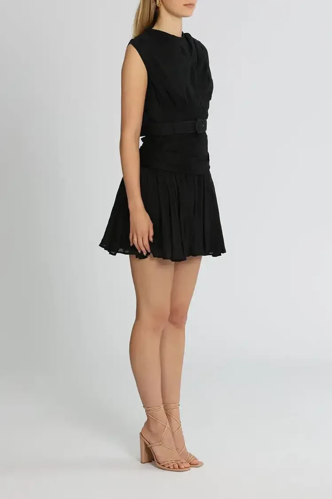 Leo Lin Vanta Draped Silk Linen Mini Dress in Black Size 10 for rent on The Volte - main image
