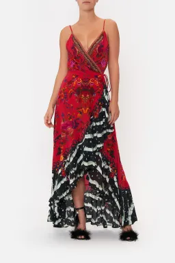 Camilla Draped Front Wrap Dress Red Multi Size 10 for rent on The Volte - image 1