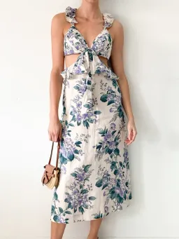 Zimmermann Cassia Ruffle Linen Midi Dress Floral Size 0 / AU 6-8 for rent on The Volte - image 2