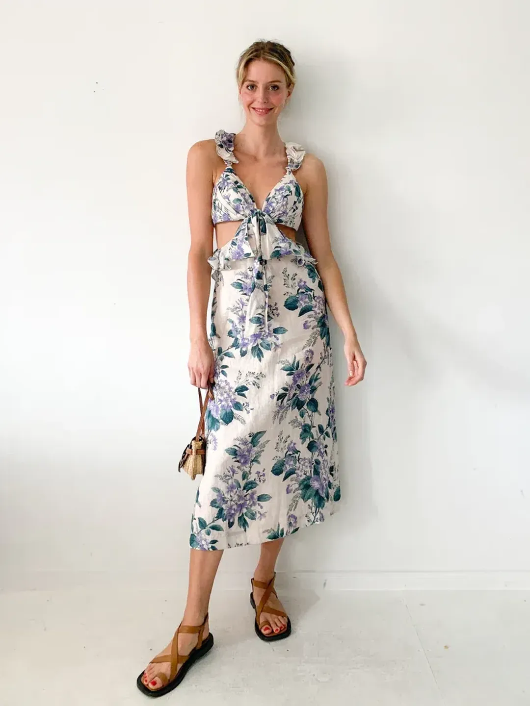 Zimmermann Cassia Ruffle Linen Midi Dress Floral Size 0 / AU 6-8 for rent on The Volte - main image