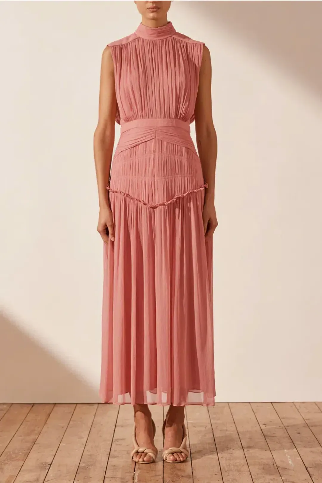 Shona Joy Lauren High Neck Midi Dress Blush Size 6 for rent on The Volte - main image