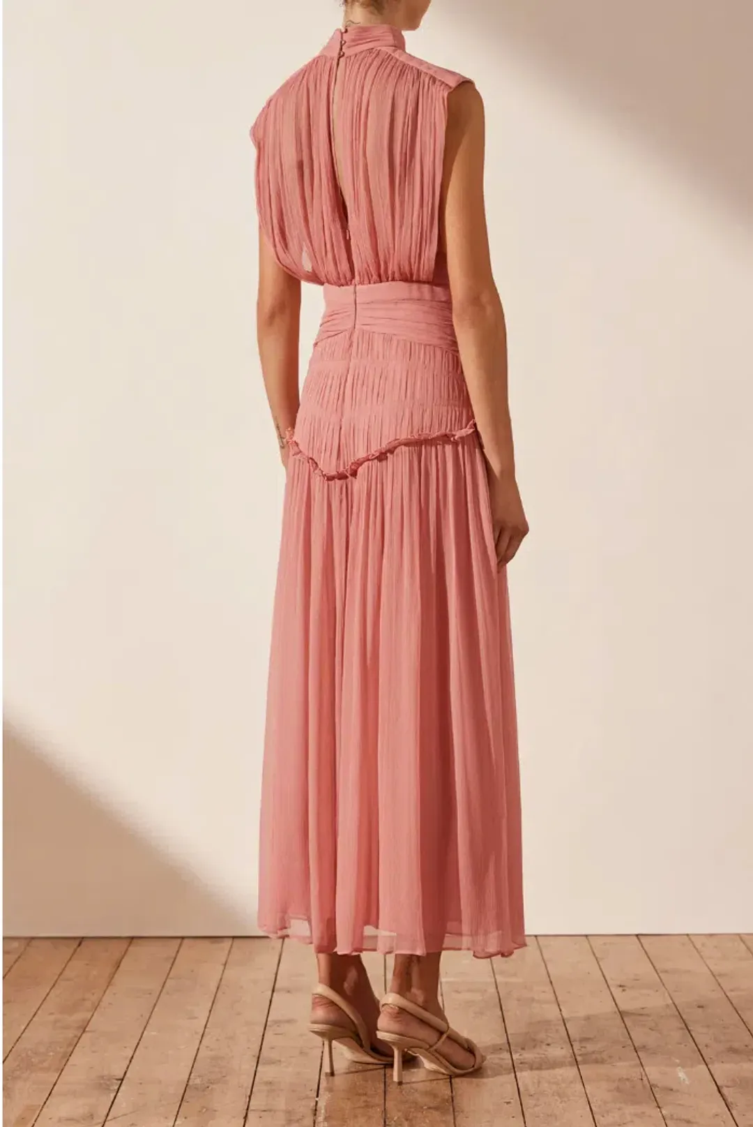 Shona Joy Lauren High Neck Midi Dress Blush Size 6 for rent on The Volte - main image