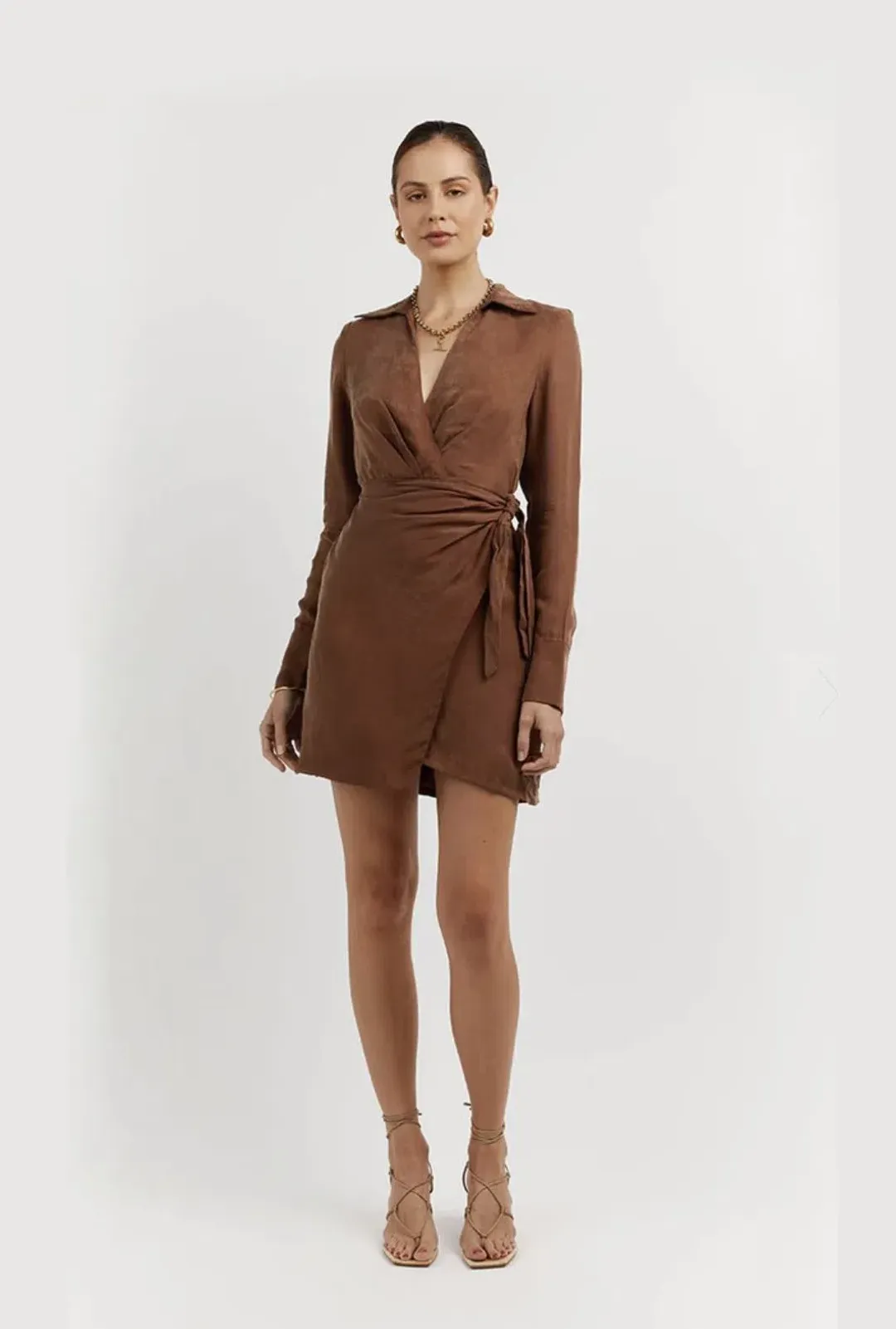 Dissh Sasha Tan Wrap Mini Dress Brown Size 6 for rent on The Volte - main image