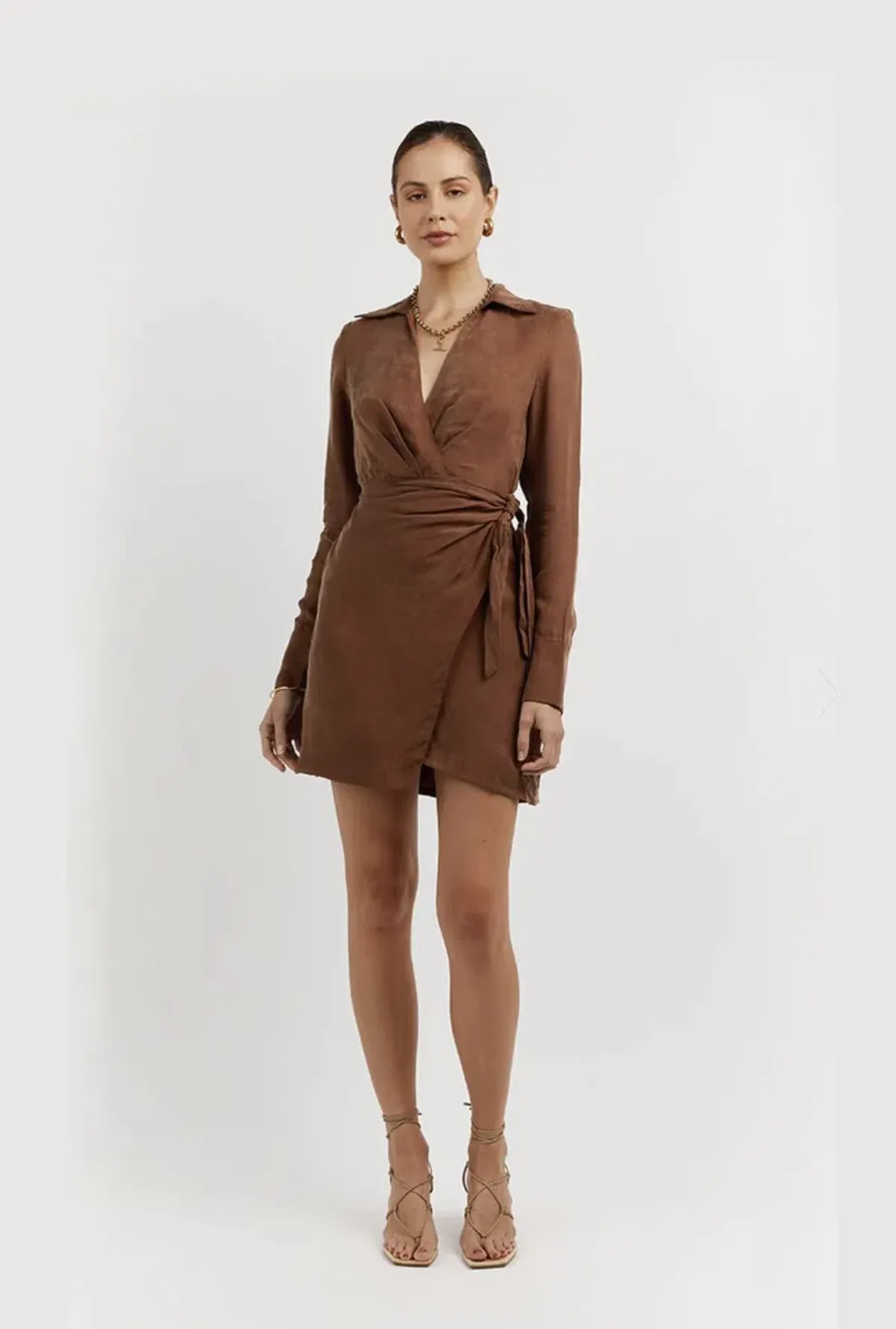 Dissh Sasha Tan Wrap Mini Dress Brown Size 6 for rent on The Volte - main image