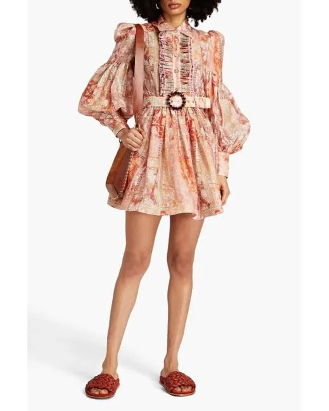 Zimmermann Belted Floral-print Linen And Silk-blend Mini Shirt Dress Size 0/au 8 for rent on The Volte - main image