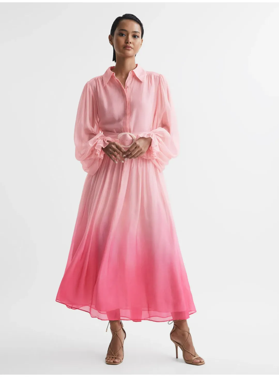 Leo Lin Cassie Tie Neck Midi Dress Ombre Pink Size 12 for rent on The Volte - main image