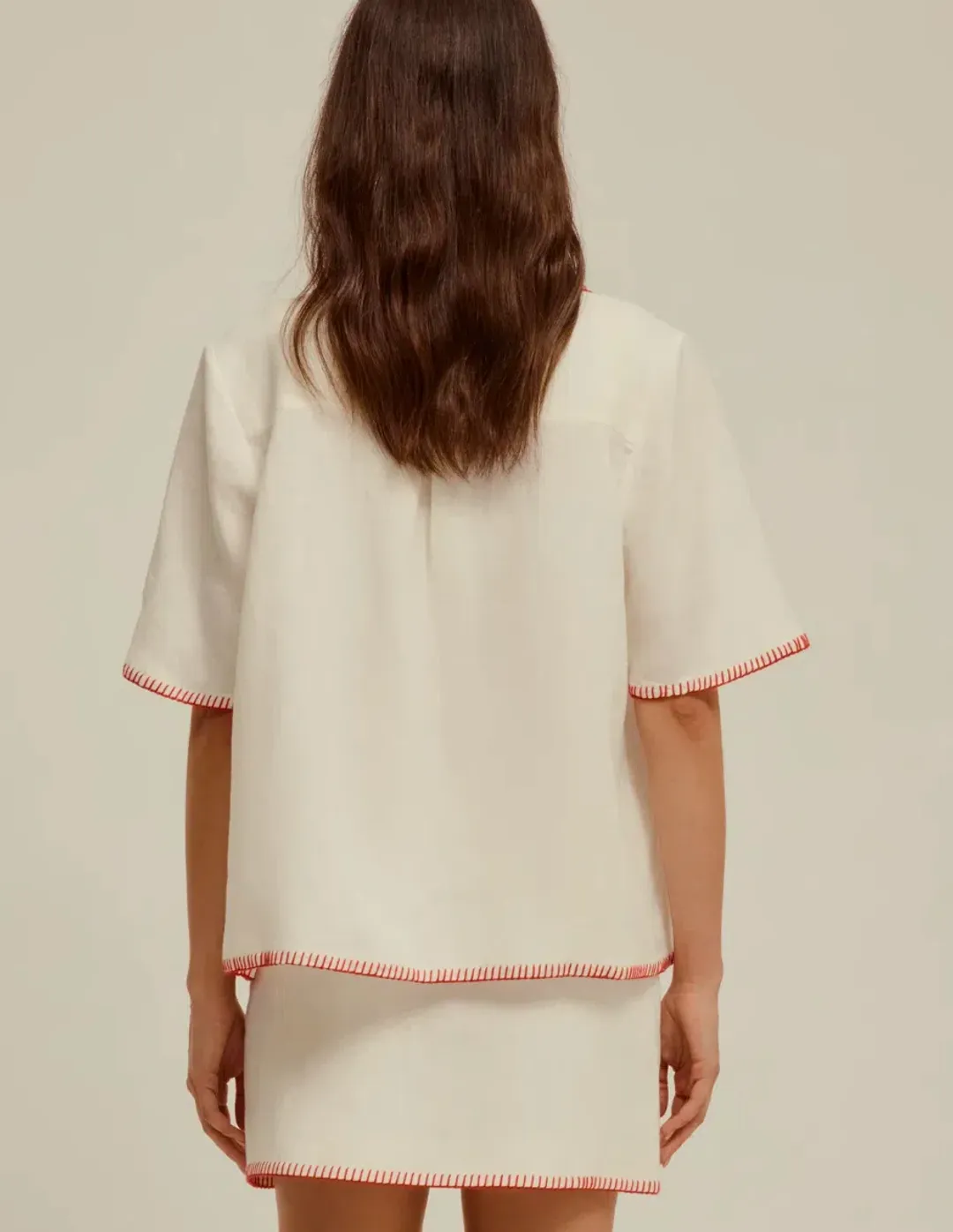 Venroy Blanket Stitch Linen Shirt & Skirt Set Pearl White Size 8 for rent on The Volte - main image