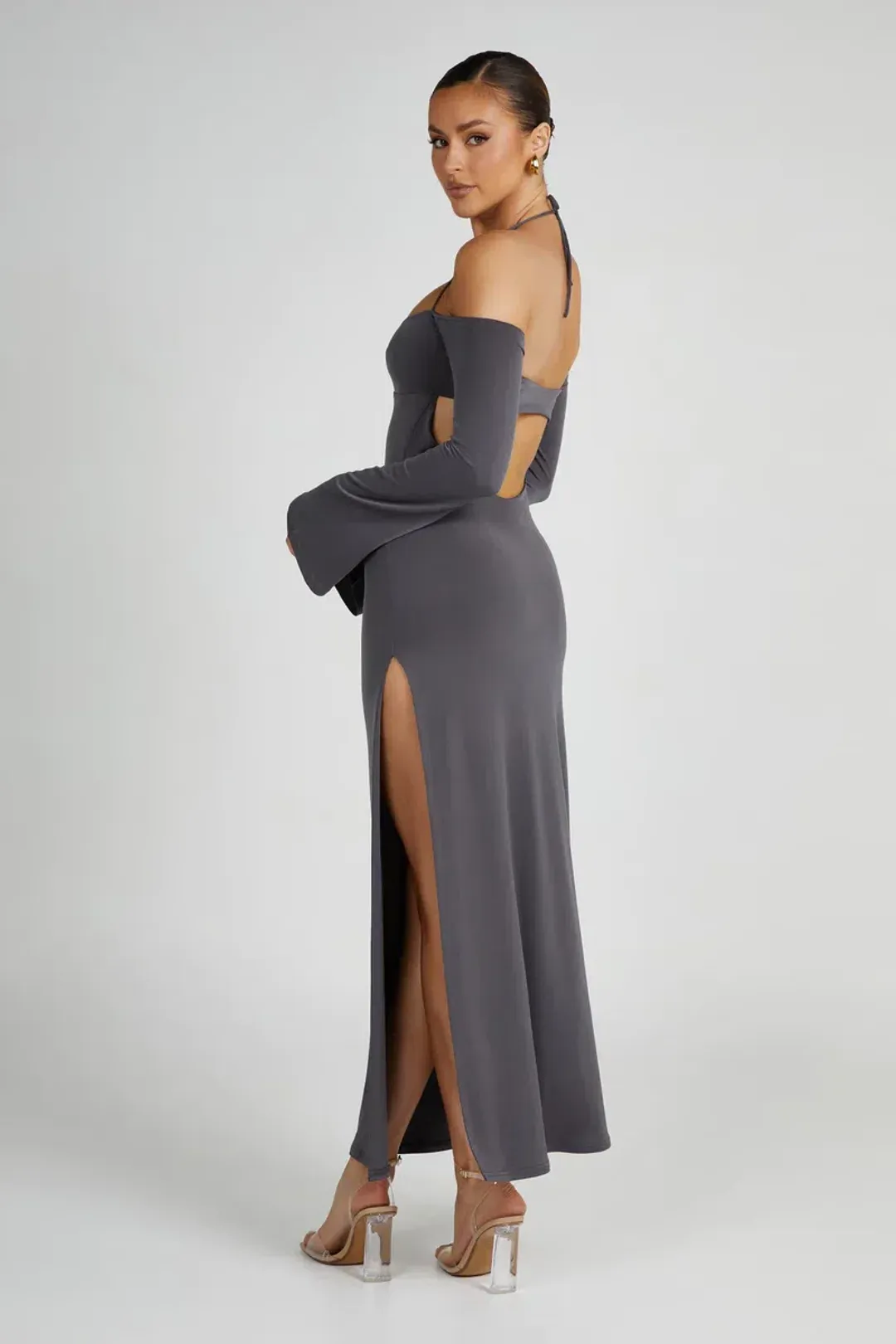 Meshki Slinky Off Shoulder Maxi Dress in Charcoal Grey Size 8 for rent on The Volte - main image