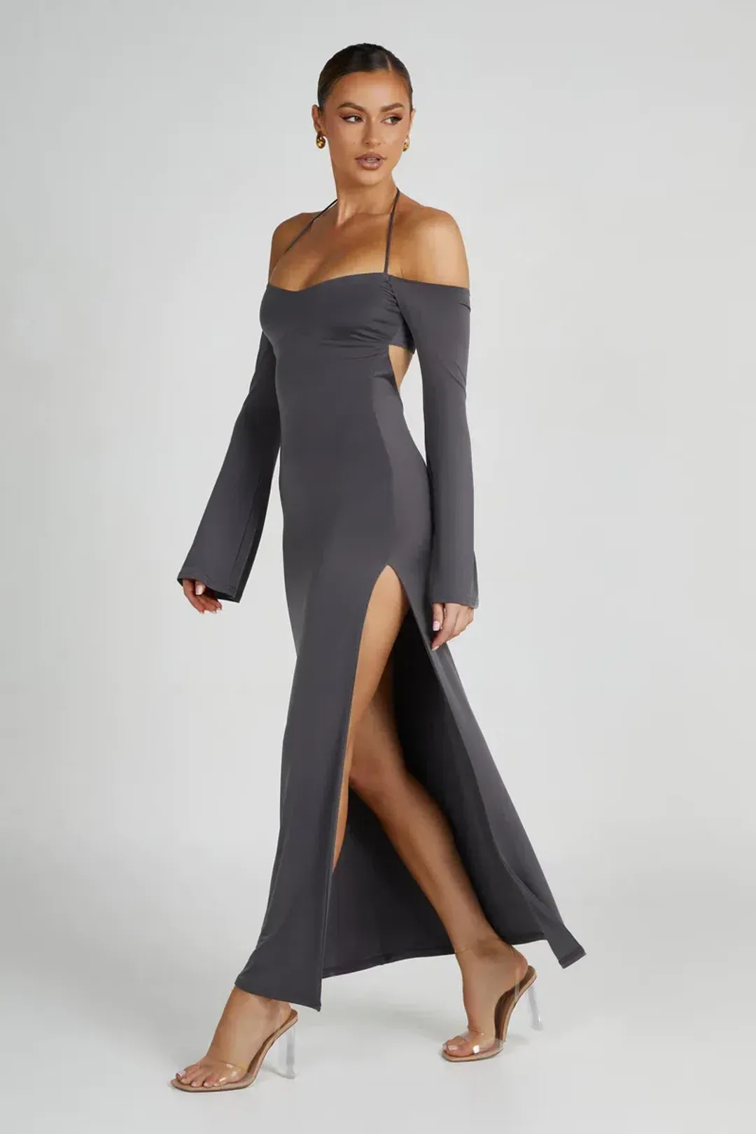 Meshki Slinky Off Shoulder Maxi Dress in Charcoal Grey Size 8 for rent on The Volte - main image