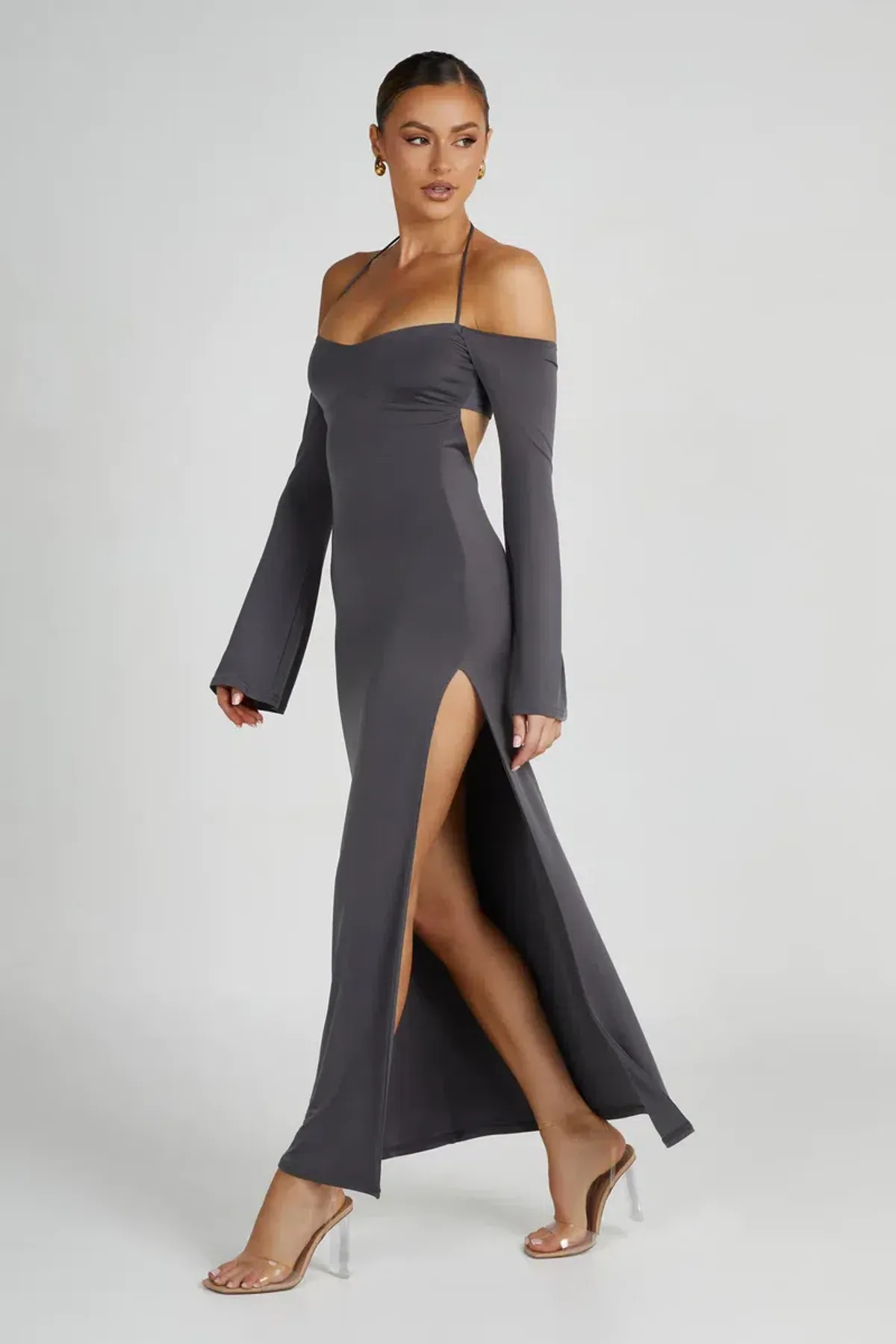 Meshki Slinky Off Shoulder Maxi Dress in Charcoal Grey Size 8 - Image 2