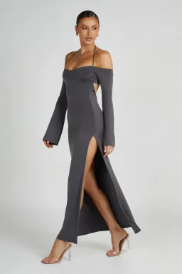 Meshki Slinky Off Shoulder Maxi Dress in Charcoal Grey Size 8 for rent on The Volte - image 2