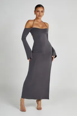 Meshki Slinky Off Shoulder Maxi Dress in Charcoal Grey Size 8 for rent on The Volte - image 1