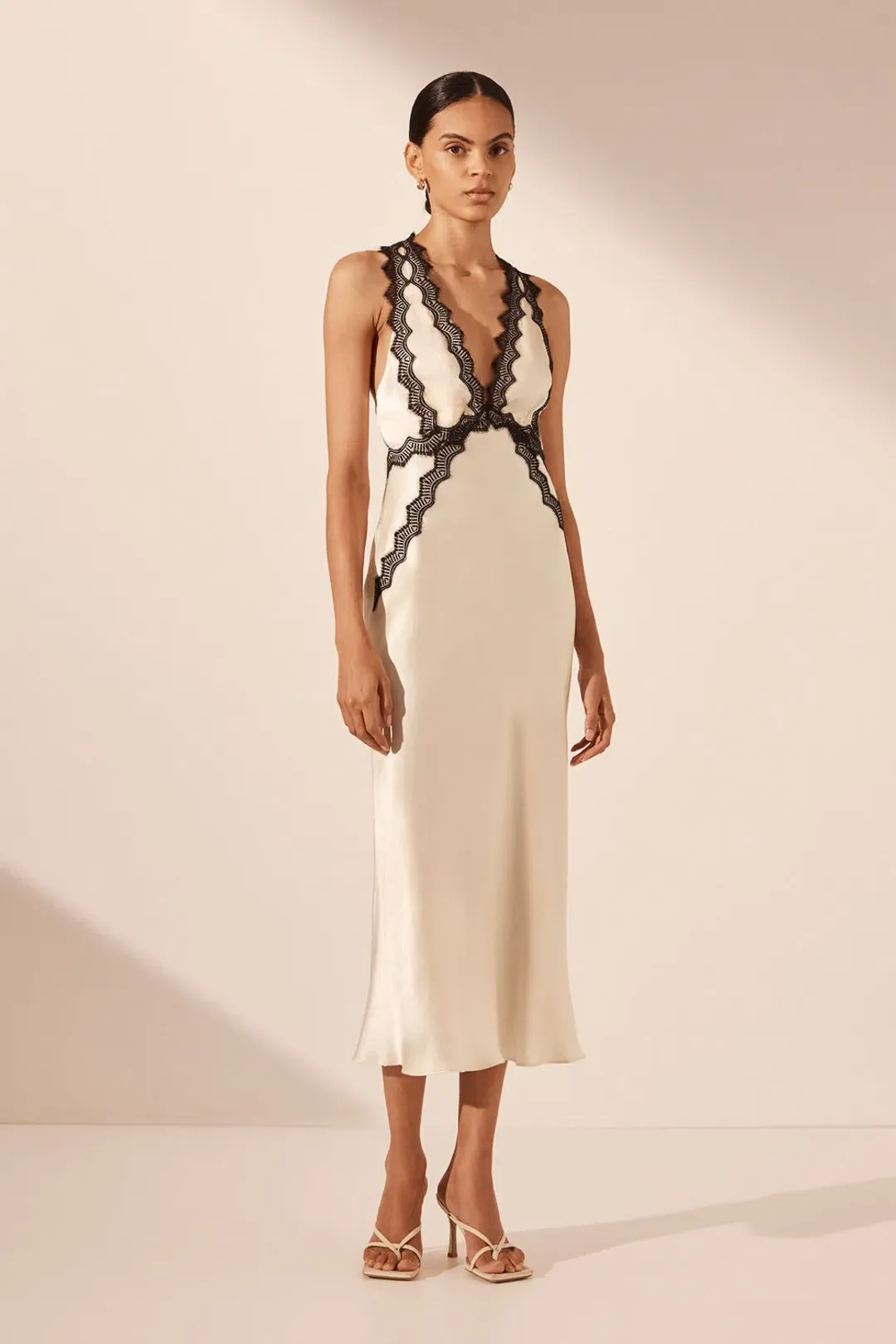 Shona Joy Camille Lace Cross Back Midi Dress Cream/Black Size 12 for rent on The Volte - main image