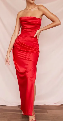 House of CB Adrienne Scarlet Satin Strapless Gown size 12 for rent on The Volte - image 1