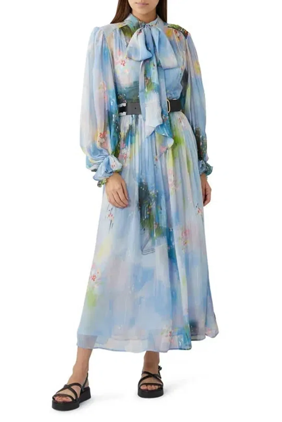 Leo Lin Cassie Tie Neck Midi Dress Willow Print Size 6 for rent on The Volte - main image
